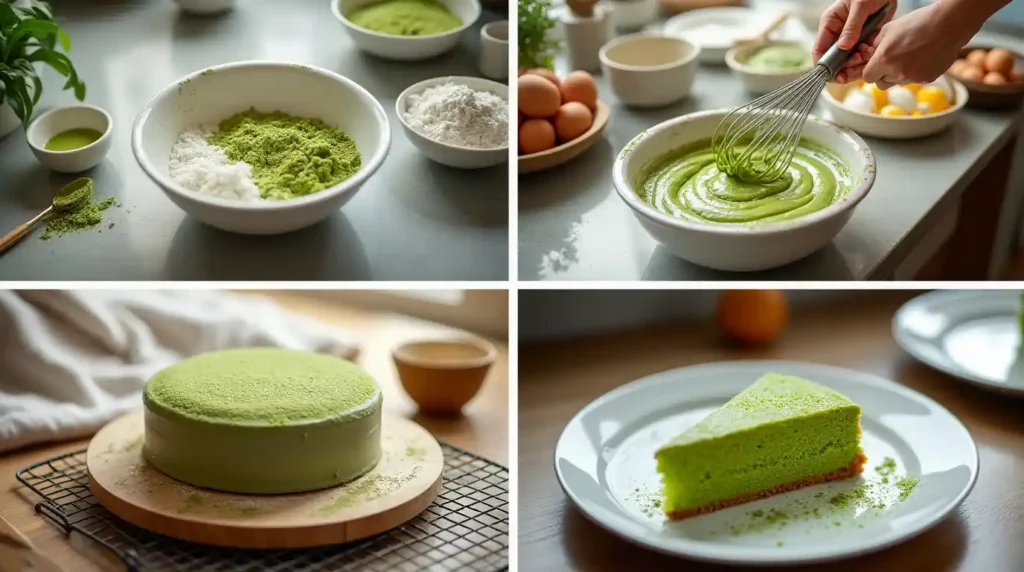 Four stages of making matcha cake in an American kitchen: ingredients laid out neatly on the countertop, wet and dry ingredients being whisked, batter being poured into a cake pan, and a baked matcha cake cooling on a wire rack next to a plated slice.