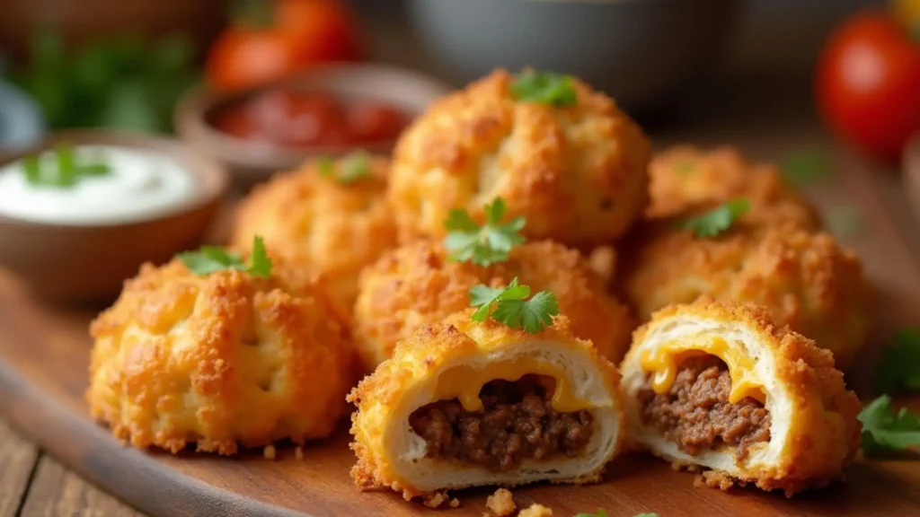 Crispy Air Fryer Cheesy Taco Bombs on a wooden board, with one cut open to show melted cheese and seasoned beef filling.