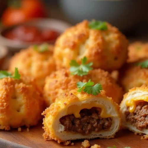 Crispy Air Fryer Cheesy Taco Bombs on a wooden board, with one cut open to show melted cheese and seasoned beef filling.