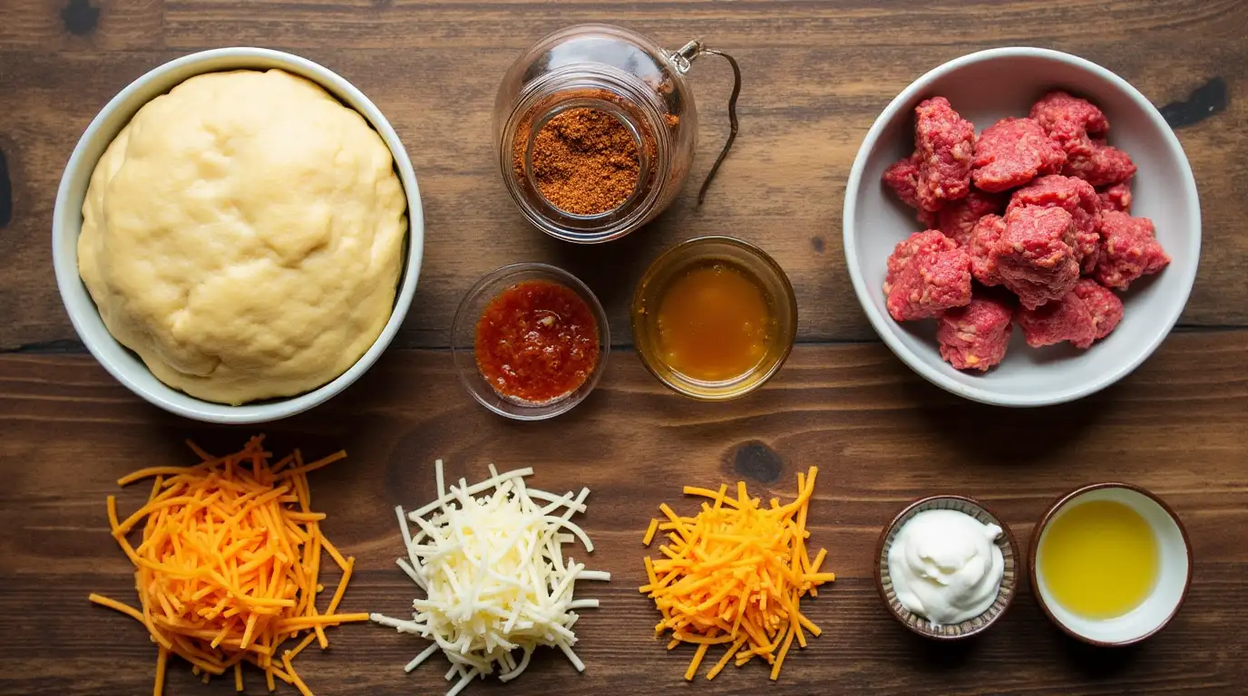 Flat lay of Air Fryer Cheesy Taco Bombs ingredients, including biscuit dough, ground beef, taco seasoning, cheddar cheese, mozzarella, olive oil, salsa, and sour cream