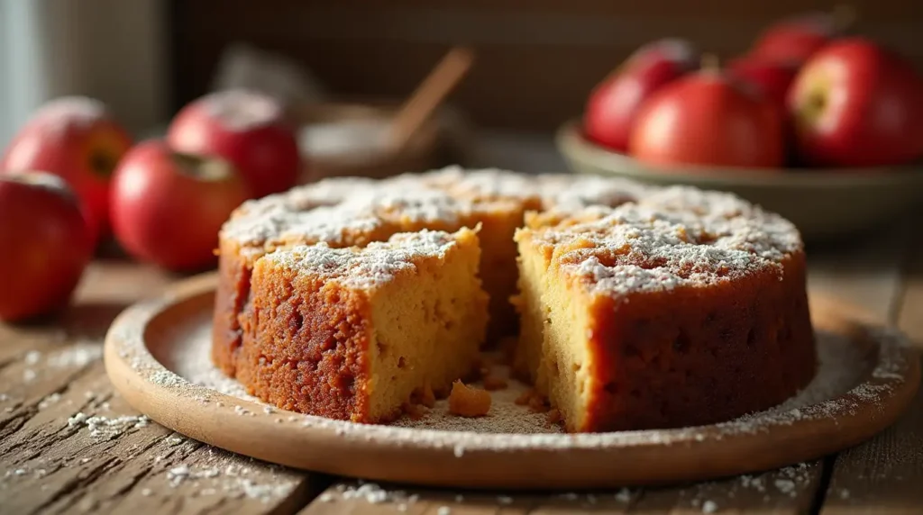 A freshly baked Amish Applesauce Cake on a rustic wooden table, lightly dusted with powdered sugar, illuminated by warm natural light