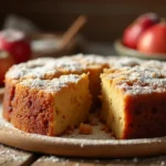 A freshly baked Amish Applesauce Cake on a rustic wooden table, lightly dusted with powdered sugar, illuminated by warm natural light