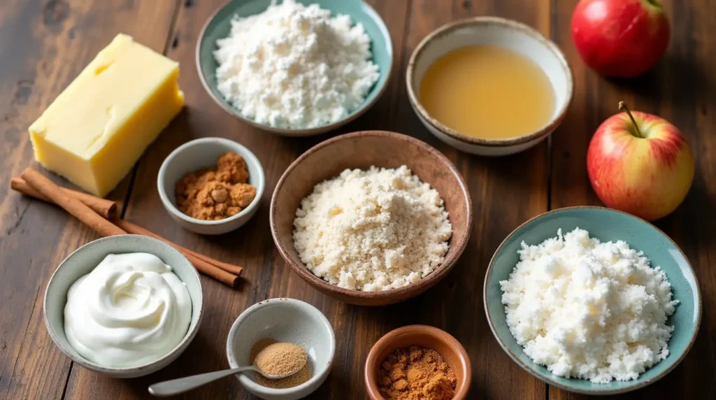 A neatly arranged collection of ingredients for Amish Applesauce Cake on a rustic countertop with warm lighting.