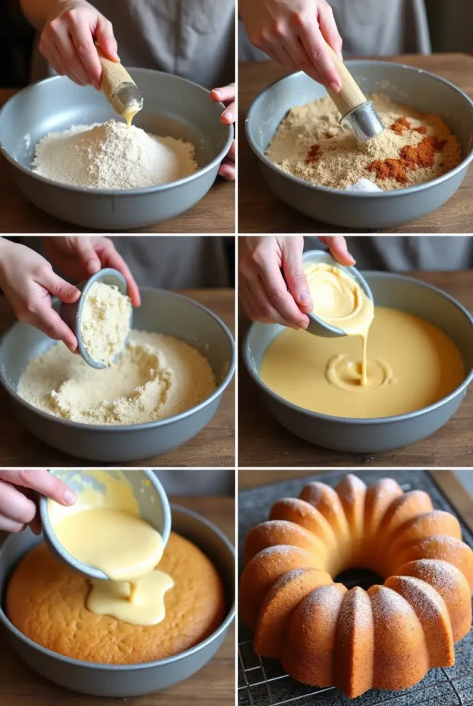  step-by-step images of making Amish Applesauce Cake, including mixing, baking, and dusting with powdered sugar