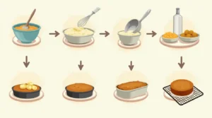 An infographic detailing the step-by-step instructions for baking Amish Applesauce Cake, with clear icons and sequential visuals.