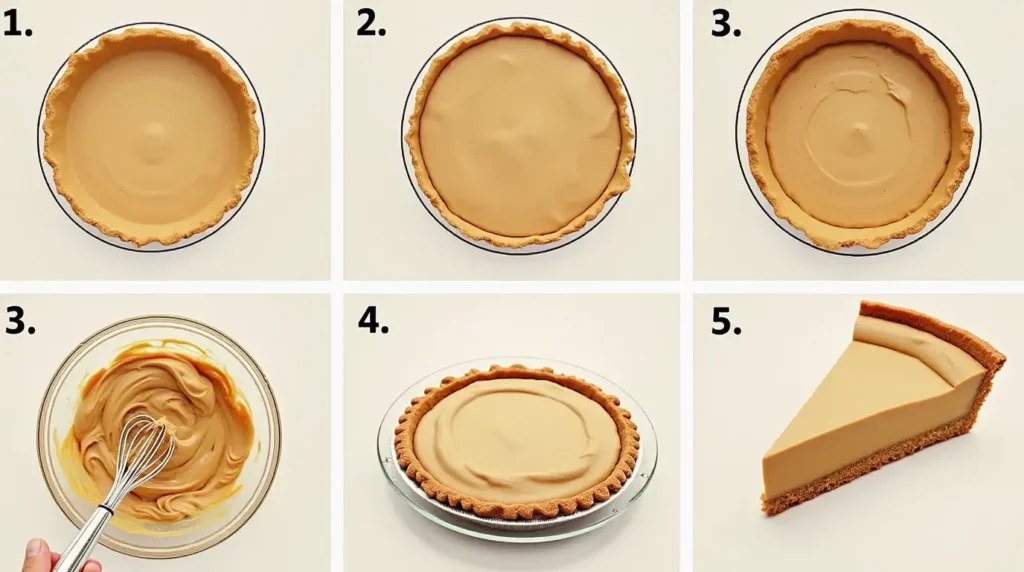 Step-by-step infographic showing the process of making Amish Peanut Butter Cream Pie from start to finish.