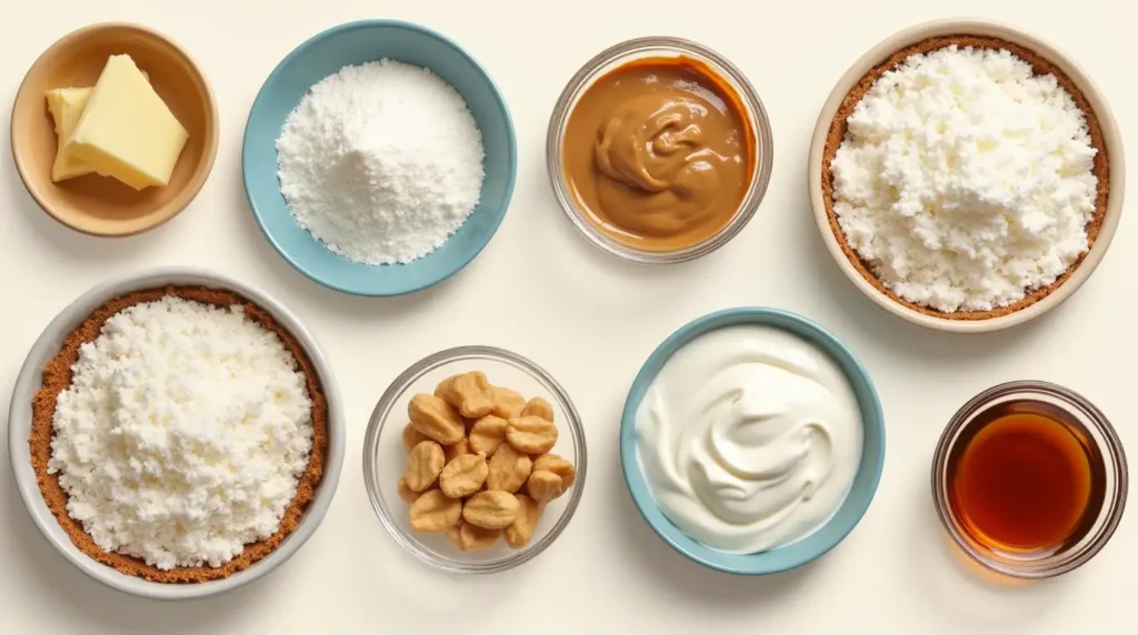 Fresh ingredients for Amish Peanut Butter Cream Pie, including peanut butter, cream cheese, butter, and sugar, beautifully arranged.