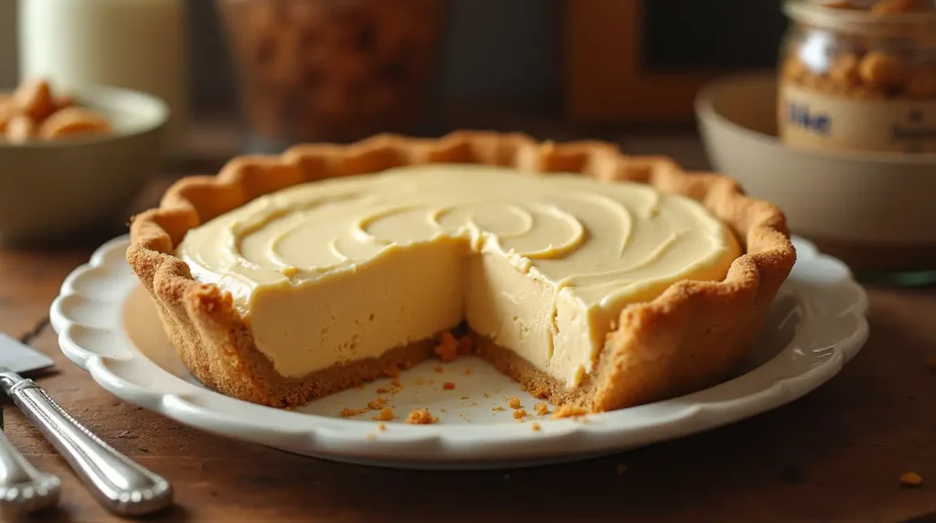 Homemade Amish Peanut Butter Cream Pie displayed on a wooden table in a rustic kitchen.