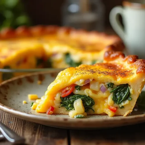 A homemade Breakfast Pie Recipe with a golden crust and a creamy, colorful filling, served on a rustic wooden table with a cup of coffee.