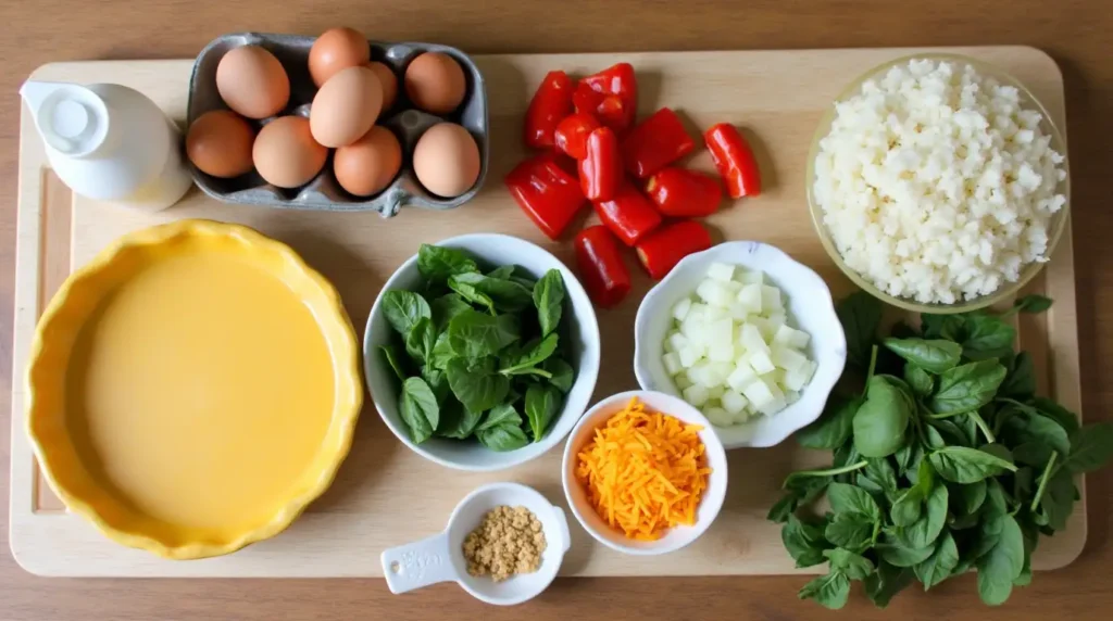 Fresh ingredients for a Breakfast Pie Recipe, including eggs, cheese, bell peppers, onions, spinach, a pie crust, and milk, arranged on a wooden countertop.