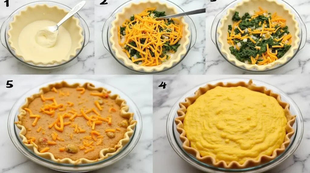 Step-by-step images showing the process of making a Breakfast Pie recipe, from preparing the crust to mixing ingredients and baking.