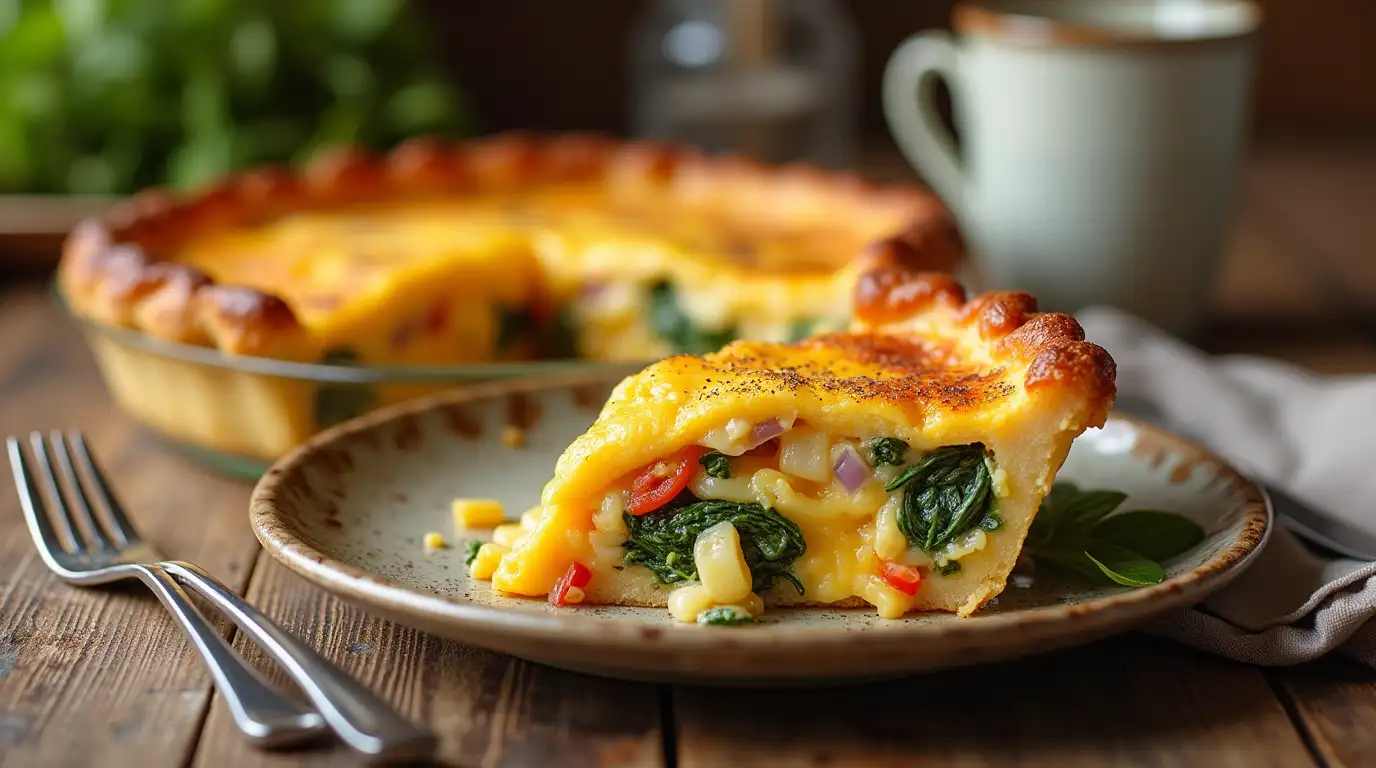 A homemade Breakfast Pie Recipe with a golden crust and a creamy, colorful filling, served on a rustic wooden table with a cup of coffee.