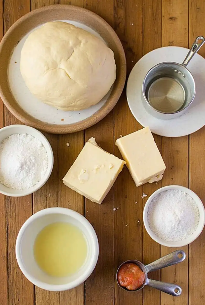 Ingredients for cheese stuffed pretzels: dough, mozzarella, gouda, flour, baking soda, water, melted butter, and sea salt