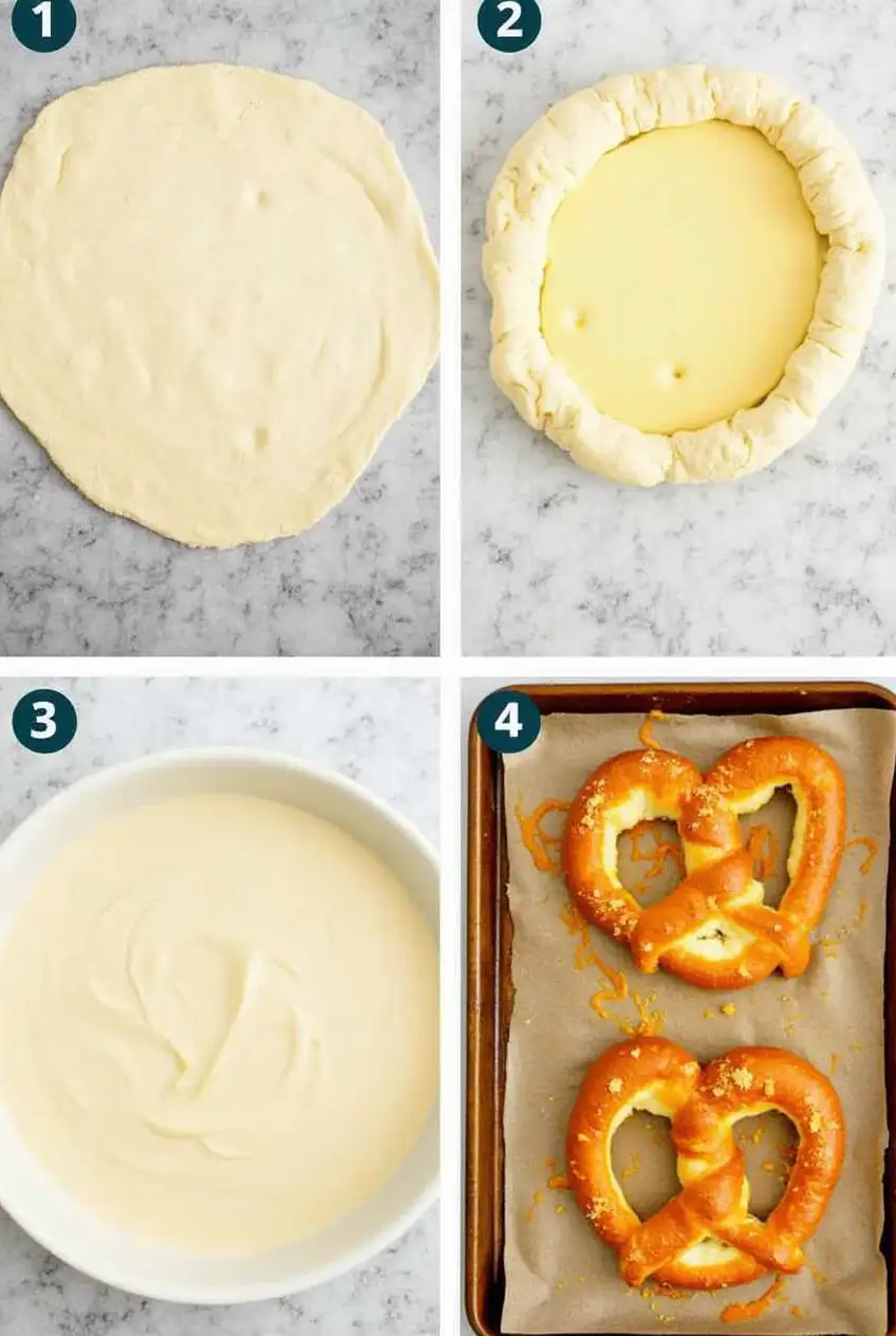 Step-by-step images of making cheese stuffed pretzels: rolling dough, stuffing cheese, sealing, baking soda bath, and baking results.