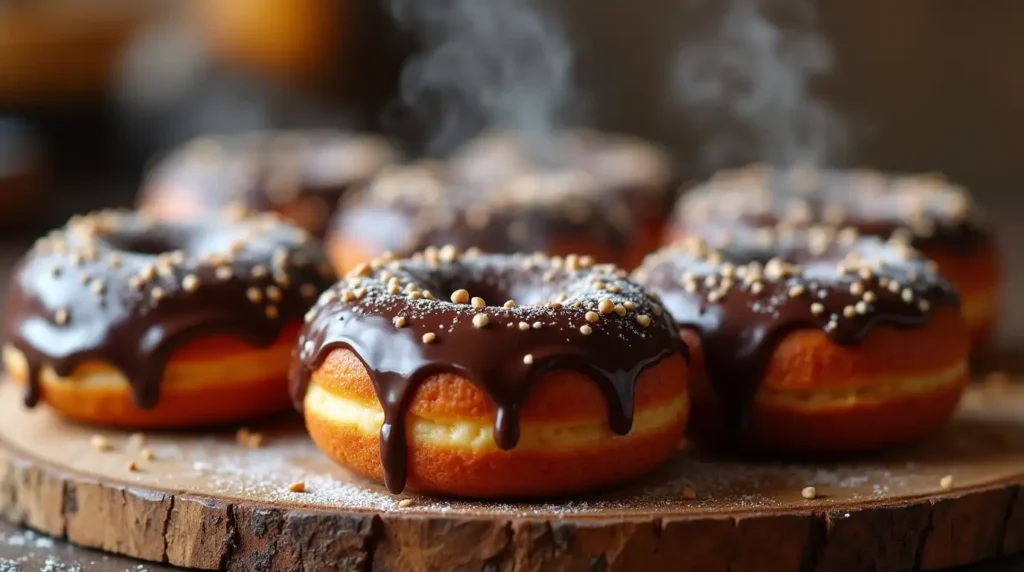 Freshly baked Chocolate Baked Donuts with chocolate glaze and sprinkles on a rustic tray.