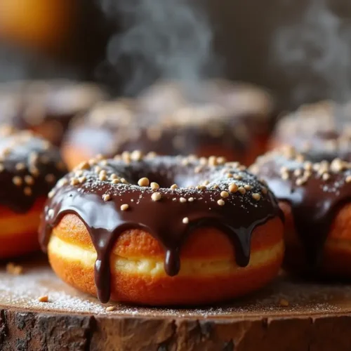 Freshly baked Chocolate Baked Donuts with chocolate glaze and sprinkles on a rustic tray.