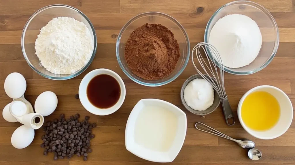 Flat lay of ingredients for Chocolate Baked Donuts, including flour, cocoa powder, eggs, milk, and chocolate chips.