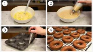 Step-by-step process of making Chocolate Baked Donuts from mixing to baking.