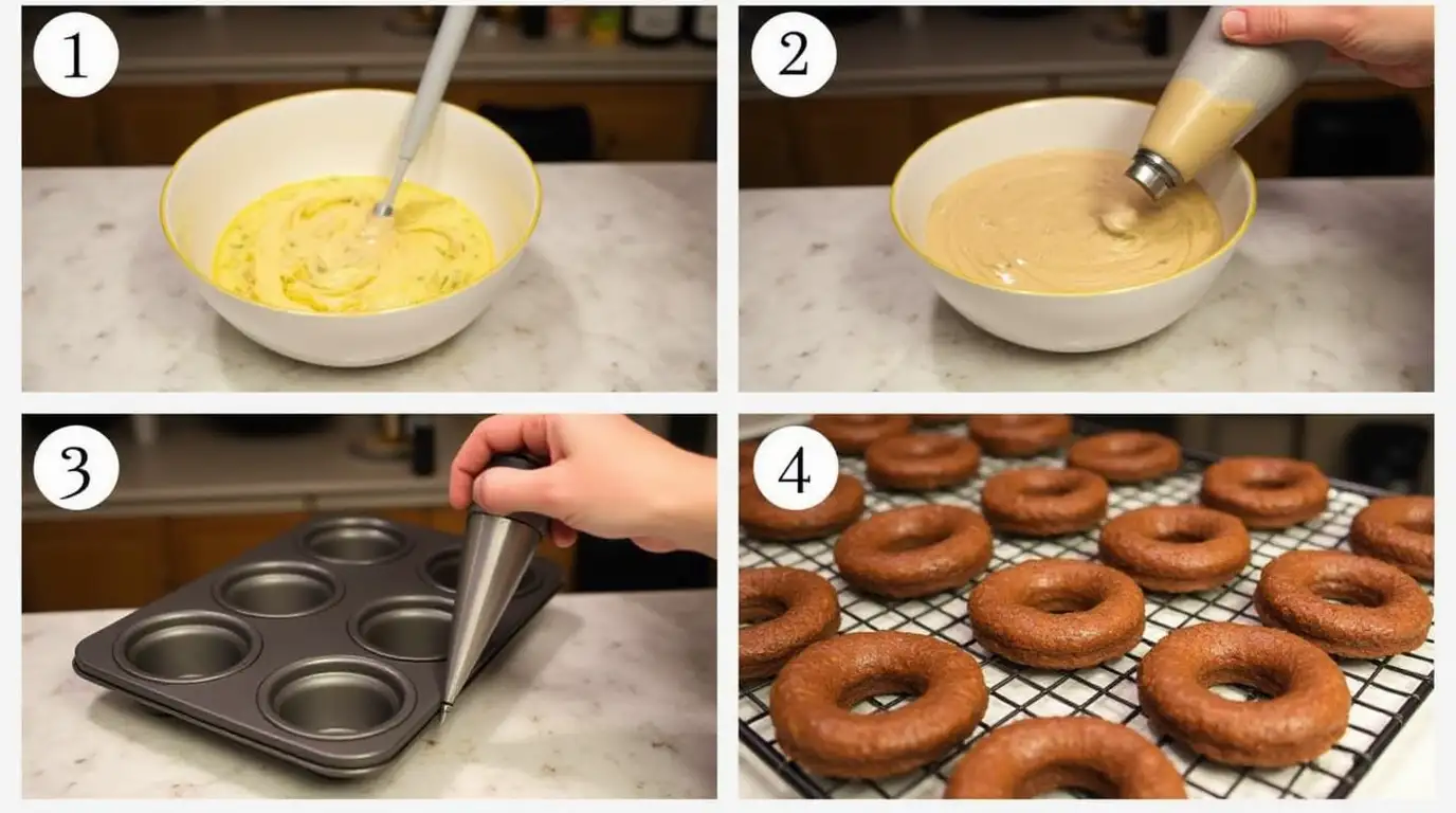 Step-by-step process of making Chocolate Baked Donuts from mixing to baking.