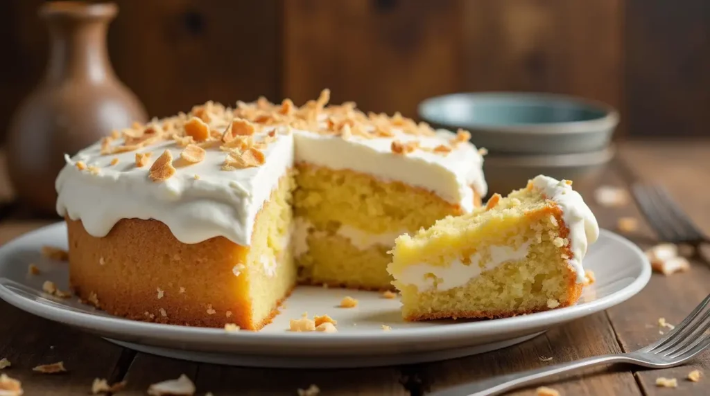  A homemade coconut poke cake with creamy coconut filling and toasted coconut topping, served on a white plate with a cozy kitchen background.