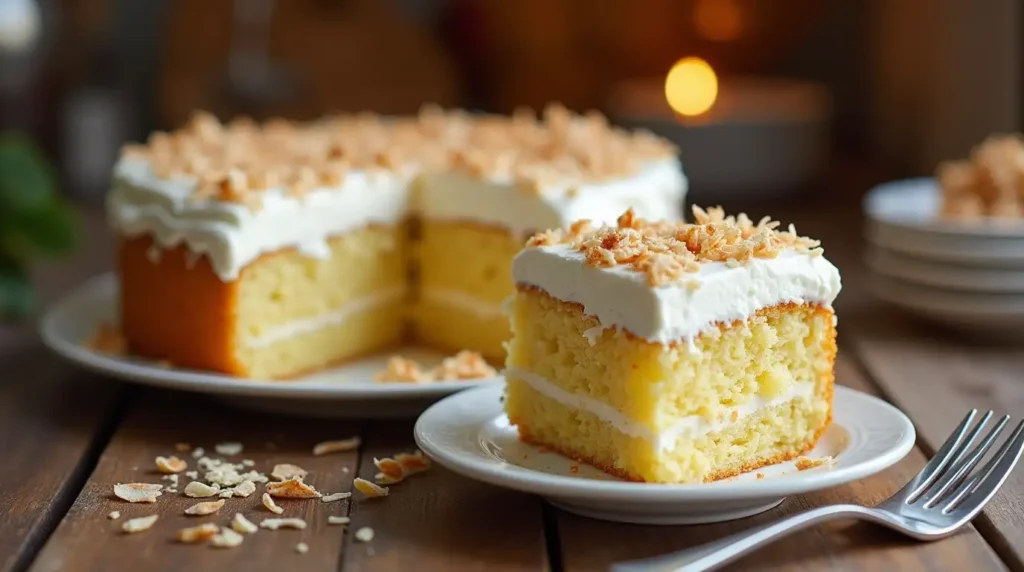  A homemade coconut poke cake with creamy coconut filling and toasted coconut topping, served on a white plate with a cozy kitchen background.