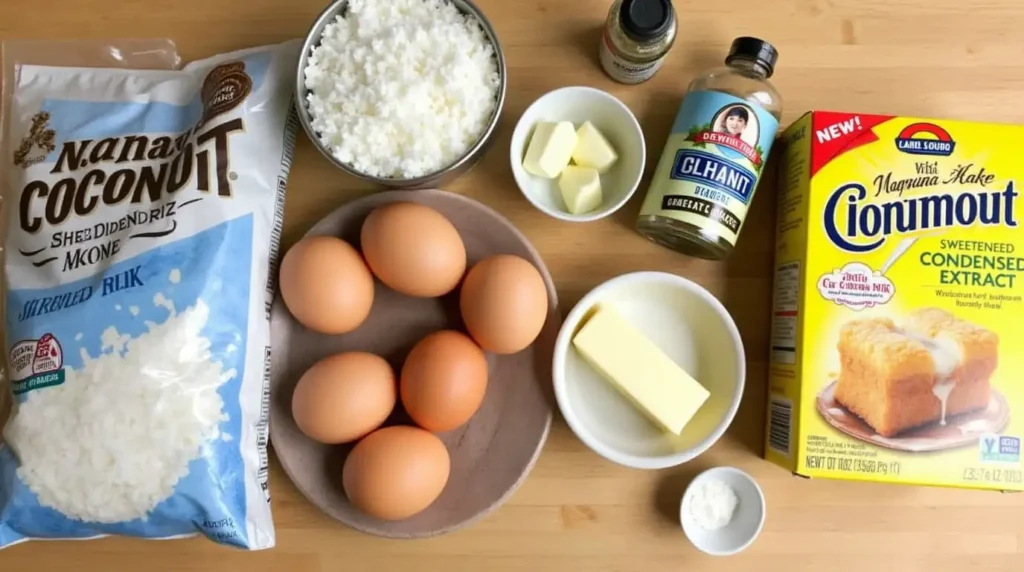 Ingredients for coconut poke cake, including coconut milk, shredded coconut, sweetened condensed milk, eggs, butter, yellow cake mix, lime juice, and cardamom powder.