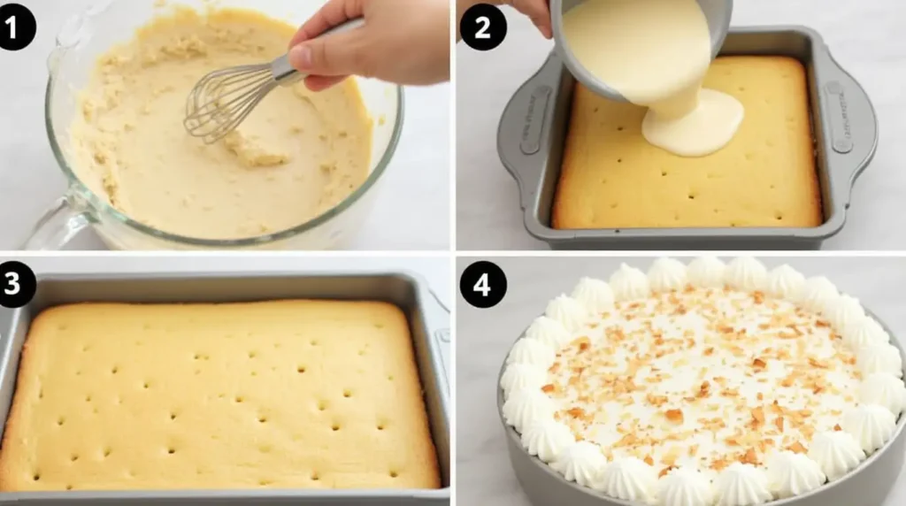  Step-by-step images of making coconut poke cake, from mixing the batter to pouring syrup and adding the final toppings.