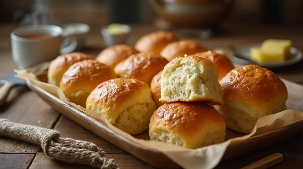 Golden brown, fluffy homemade dinner rolls served on a wooden tray with melted butter, showcasing their soft texture in a cozy kitchen setting