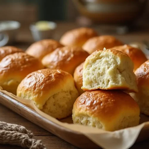 Golden brown, fluffy homemade dinner rolls served on a wooden tray with melted butter, showcasing their soft texture in a cozy kitchen setting