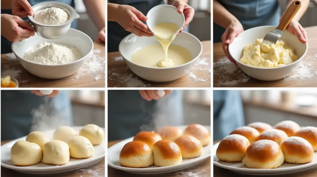 Step-by-step images of making no-yeast dinner rolls, from mixing ingredients to shaping the dough and brushing freshly baked rolls with butter.