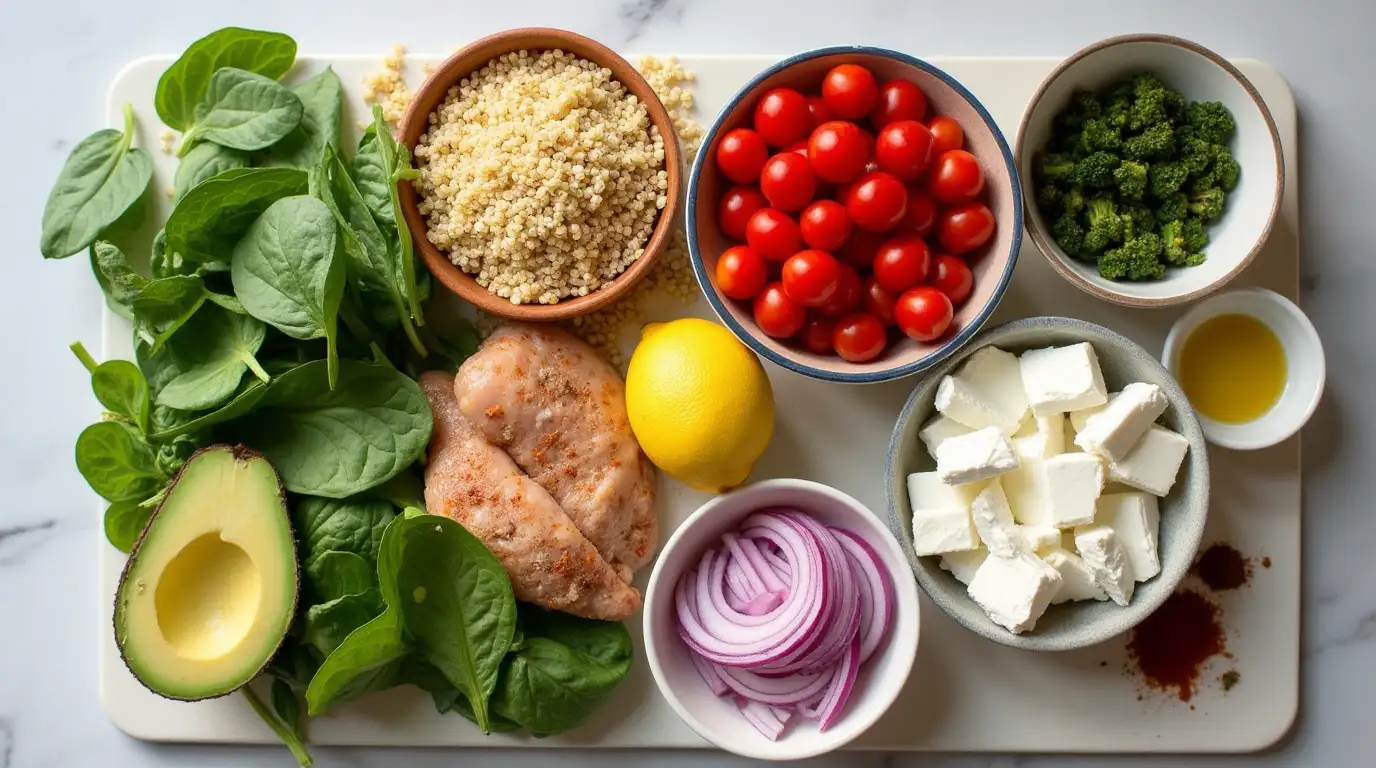 Fresh ingredients for a  High protein ready meals, including quinoa, chicken, spinach, tomatoes, avocado, and spices, neatly arranged on a kitchen countertop.