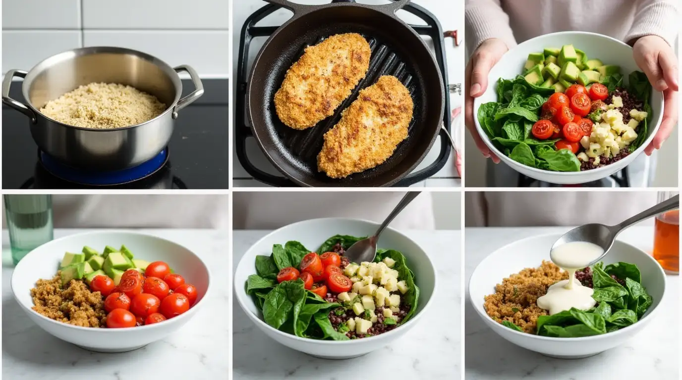 Step-by-step images of assembling a high protein ready meals