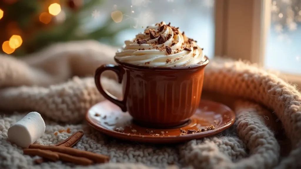 Steaming mug of Perfect Hot Chocolate topped with whipped cream, chocolate shavings, and a marshmallow, sitting on a knitted blanket by a frosty window