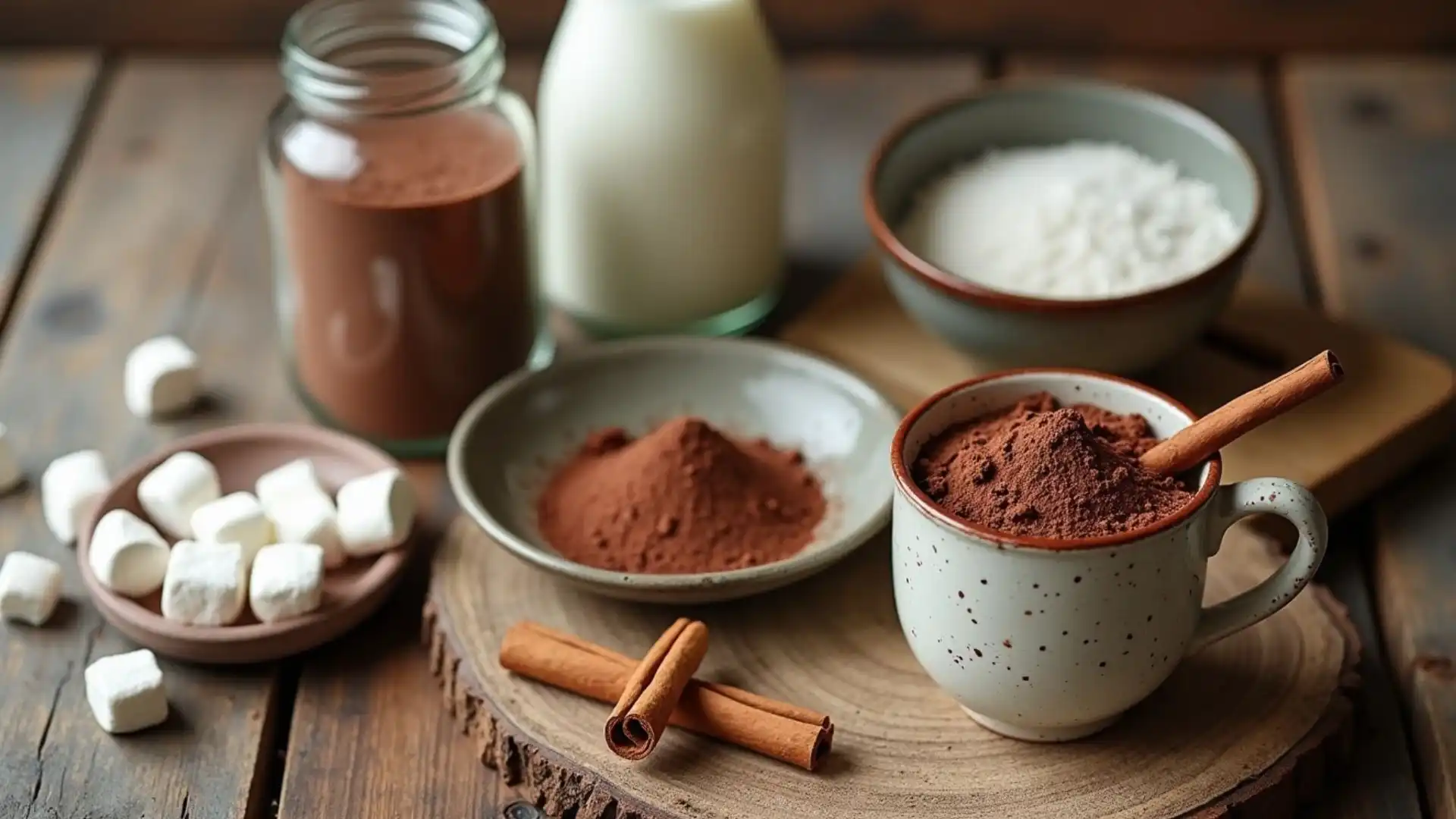 A rustic arrangement of ingredients for Perfect Hot Chocolate: cocoa powder, sugar, vanilla bean, milk carton, and marshmallows on a wooden table with a cozy mug