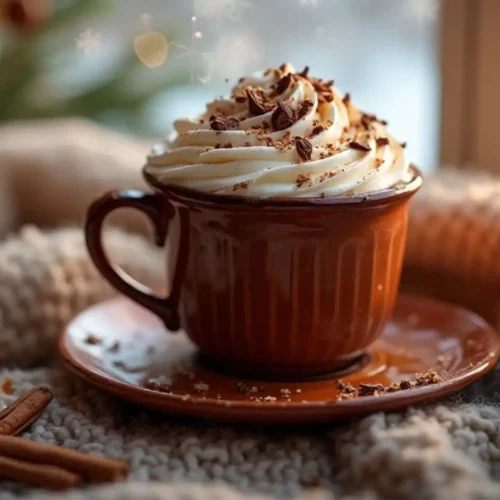 Steaming mug of Perfect Hot Chocolate topped with whipped cream, chocolate shavings, and a marshmallow, sitting on a knitted blanket by a frosty window