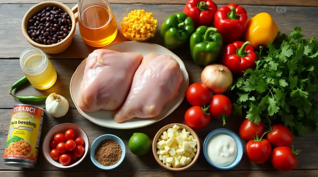 A vibrant display of all ingredients for Spark Recipes Chicken Taco Soup arranged on a countertop