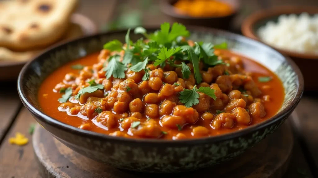 A bowl of creamy Madras Lentils with fresh cilantro and naan bread on a wooden table