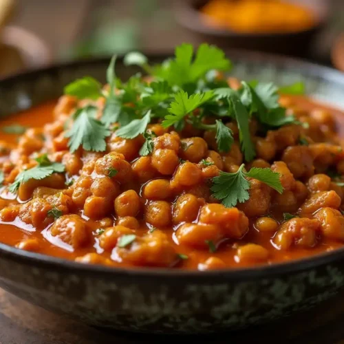 A bowl of creamy Madras Lentils with fresh cilantro and naan bread on a wooden table