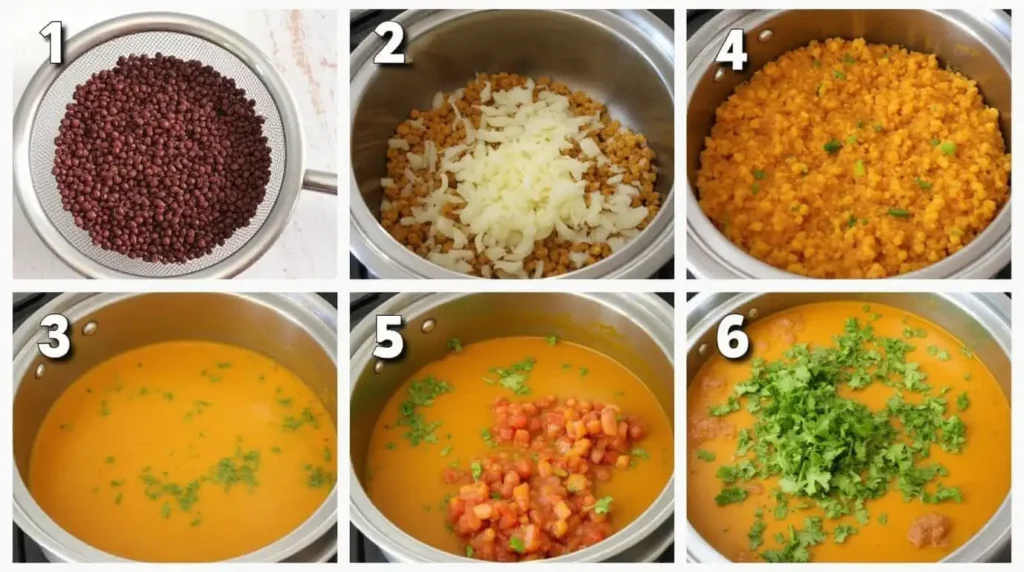 Step-by-step images showing how to prepare Madras Lentils from start to finish