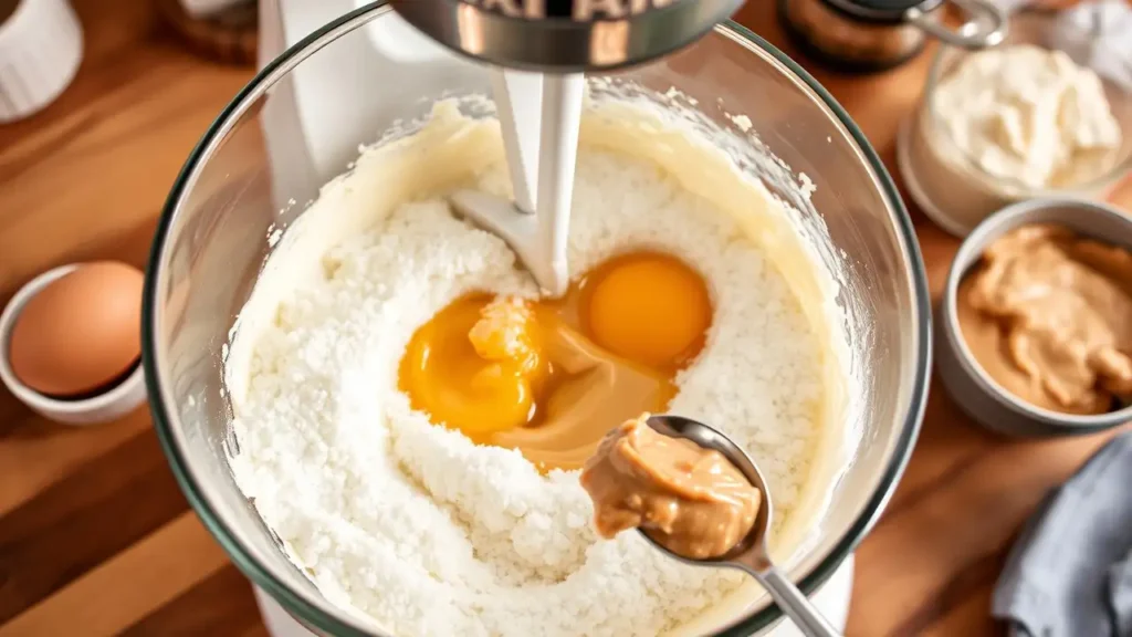 A stand mixer beating butter and sugar in a bowl, with an egg being added and peanut butter ready to be mixed in for a smooth, creamy batter.