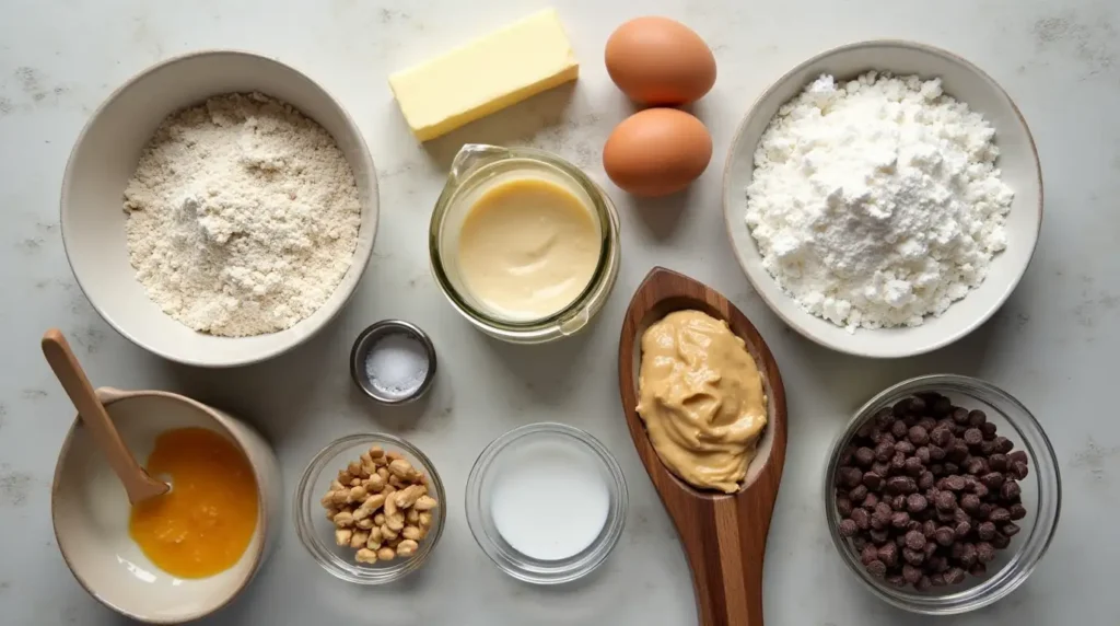 A top-down view of nutter butter cake ingredients, including flour, sugar, eggs, peanut butter, milk, and chocolate chips, arranged on a rustic countertop.