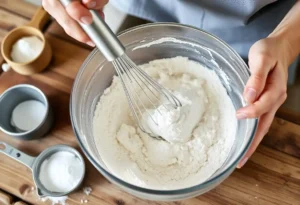 A baker whisking together flour, baking powder, and salt in a mixing bowl, with baking essentials arranged on a wooden countertop.