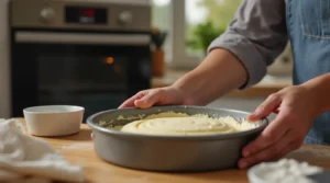 A baker greasing a 9-inch round cake pan with butter, with flour nearby and an oven preheating to 350°F (175°C) in the background.