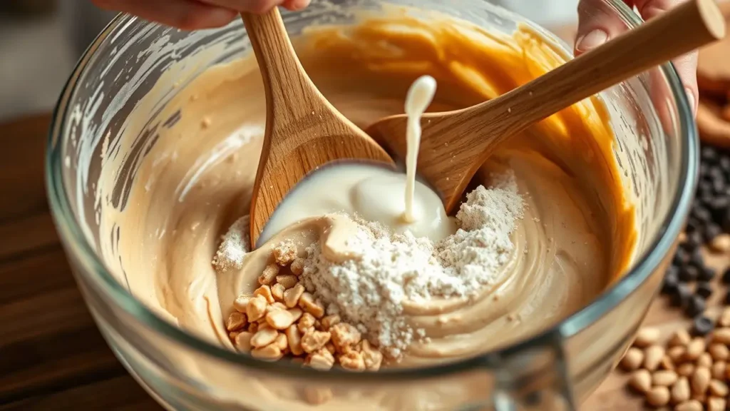 A baker folding dry ingredients into a peanut butter cake batter, with milk being added and chocolate chips and chopped peanuts nearby.

