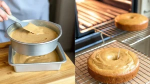 A cake pan filled with smooth peanut butter batter, ready for the oven, and a freshly baked nutter butter cake cooling on a wire rack.