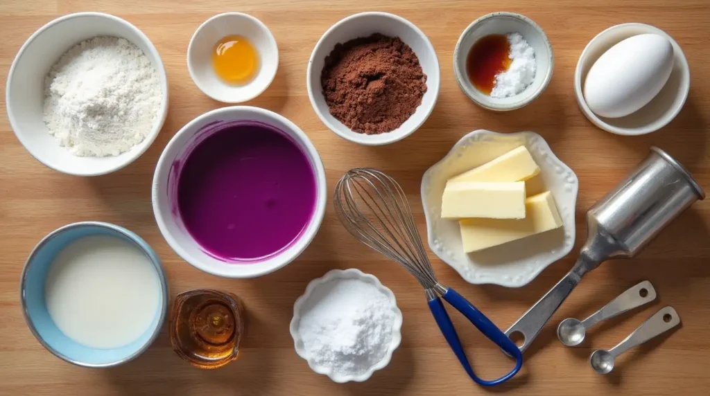 Flat-lay of ingredients for a purple velvet cake, including flour, sugar, butter, eggs, cocoa powder, buttermilk, and purple food coloring, neatly arranged on a wooden counter.