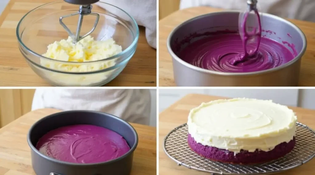 Step-by-step process of making a purple velvet cake—creaming butter and sugar, mixing batter, pouring into a pan, and cooling before frosting.