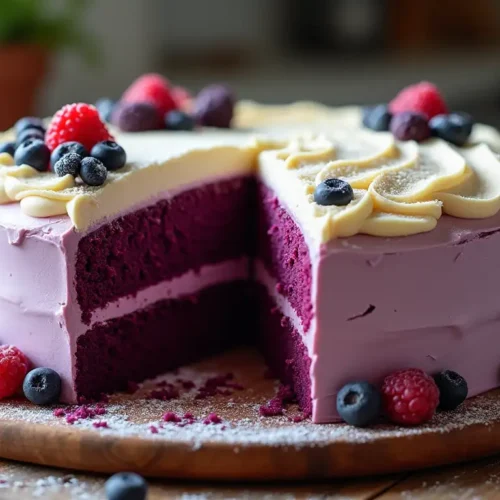 A freshly baked purple velvet cake with cream cheese frosting, cut into slices, placed on a wooden table with berries and powdered sugar.