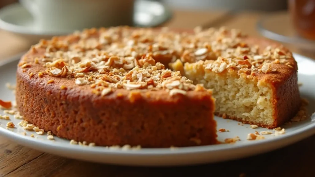 A delicious homemade vegan oat cake, golden brown and topped with toasted coconut and cinnamon, served with herbal tea on a rustic wooden table.