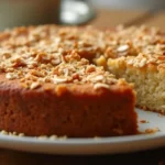 A delicious homemade vegan oat cake, golden brown and topped with toasted coconut and cinnamon, served with herbal tea on a rustic wooden table.